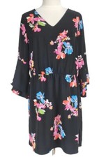 and ea wy Black Floral Mini Fit & Flare Dress Women Size XXL 3/4 Bell Sleeve