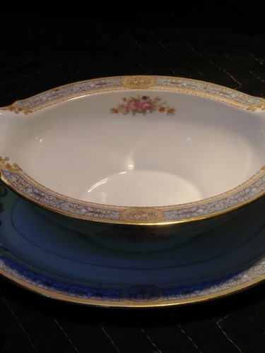 Noritake Gravy Boat w/Underplate Blue Border Floral Sprays Gold Trim - Picture 3 of 7