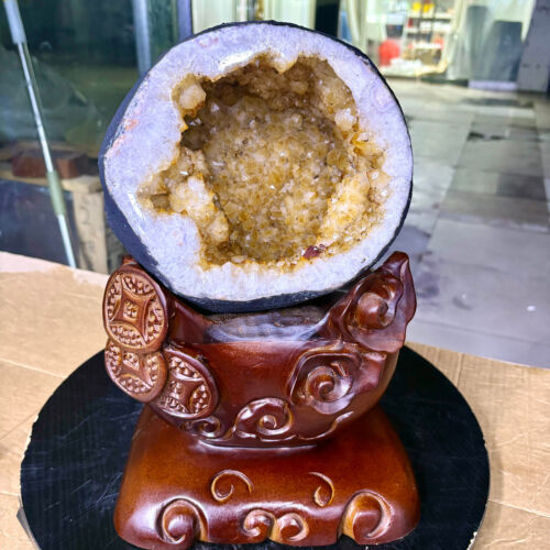 19.40LB TOP Natural citrine geode quartz cluster crystal Money bag+stand - 第 2/13 張圖片