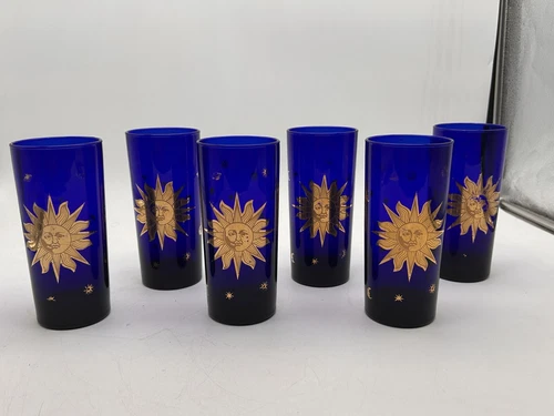 Vintage Set of 6 22K Culver Sun Moon Stars Celestial Cobalt Blue 16 oz Tumbler