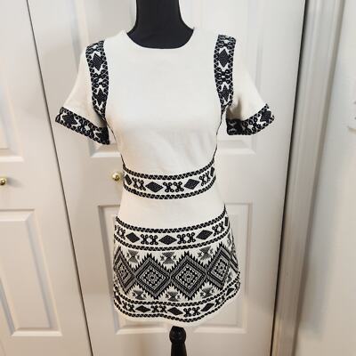 Topshop Women's size 4 Cream and Black Embroidered Azteca  Design Mini Dress