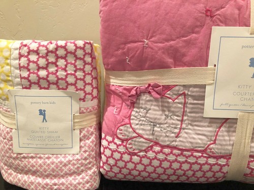 NEW Pottery Barn Kids Girl's Kitty Cat Full/Queen Quilt & Euro Shams, Pink/Gray - Picture 2 of 6