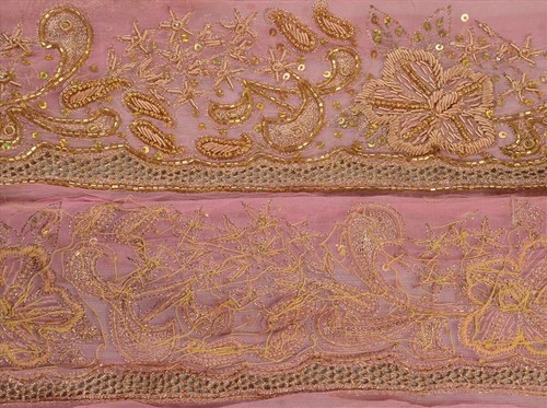 Sanskriti Vintage Saree Border Hand Beaded Paisley Craft 1Yd Trims Lace 3"W Pink - Picture 5 of 6
