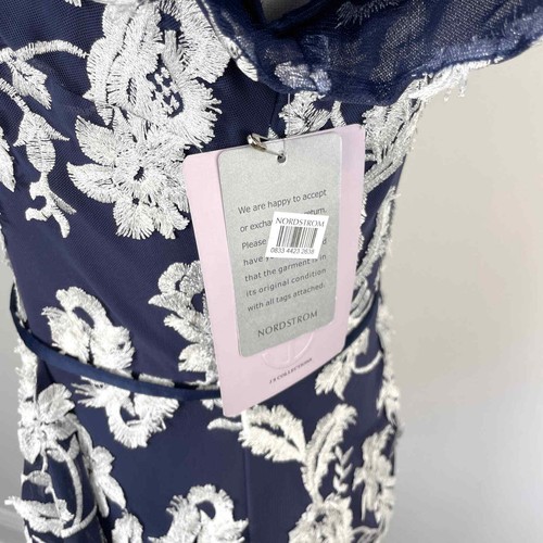 JS Collections Floral Embroidered Ruffle Drape Column Gown In Navy Size 10 New - Picture 16 of 18