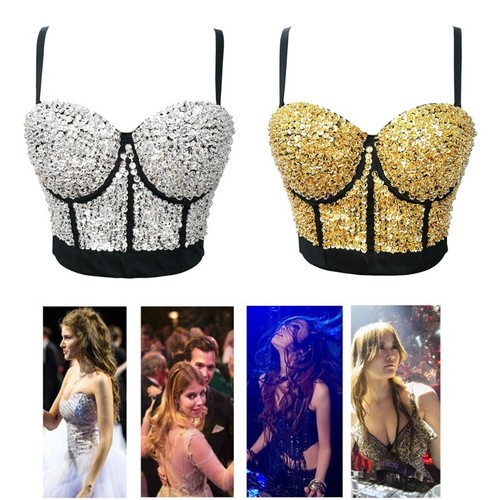 Women Glitter Sequins Beaded Bustier Bra Ravel Jewelry Push Up Corset Camisole - Picture 2 of 9