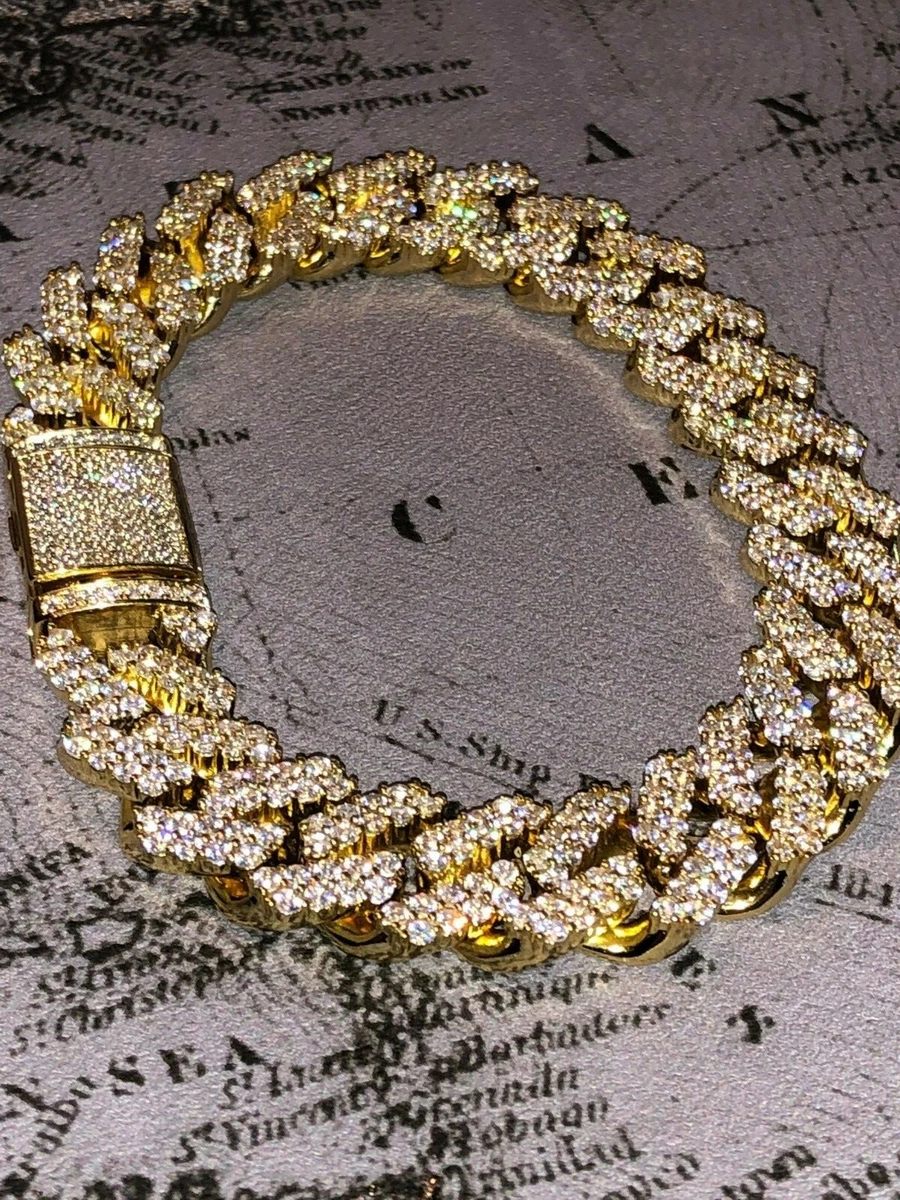 Men s Ice Out 12MM Miami Cuban Link Bracelet 14k Gold Finish Bling