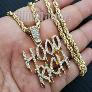 Authentic Iced Gold Plated Alloy HOOD RICH Drip Cubic Zirconia & 24" Rope Chain Necklace