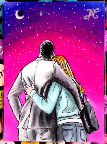 Original Sketch Card 1/1 Couple Hug Looking Stars Moon Love Romantic Magic ART - Bild 1 von 1