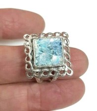Roman Glass Ring Silver 925 Authentic Square Fragment 200 BC Bluish Patina S: 8