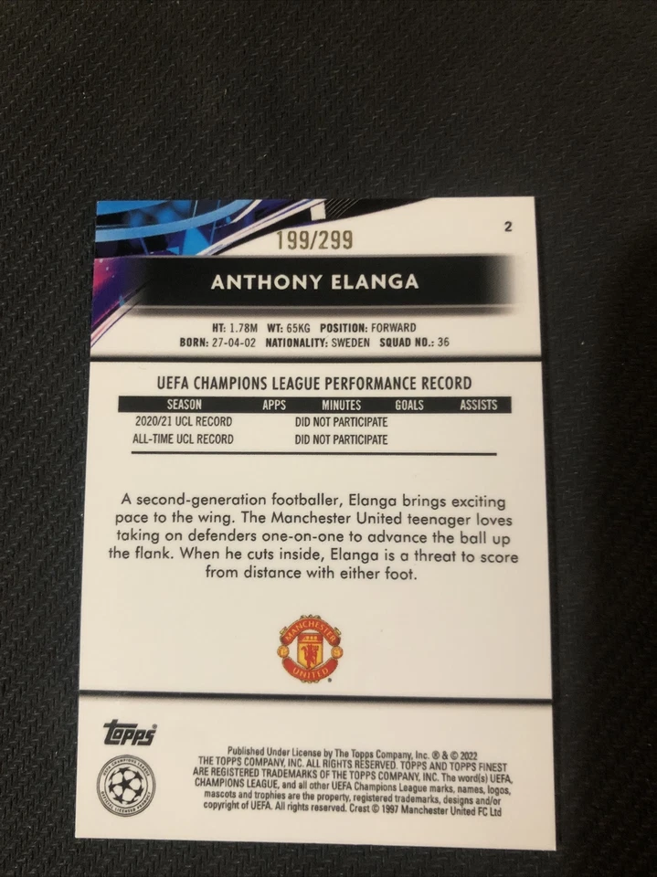 2021-22 Topps Finest UCL Purple Refractor /299 Anthony Elanga #2 Rookie RC - Image 2 of 2