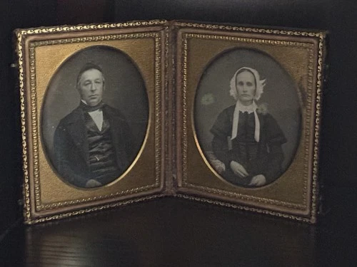 Antique Sixth Plate Double Daguerreotype Portraits in Floral Union Case, c.1850