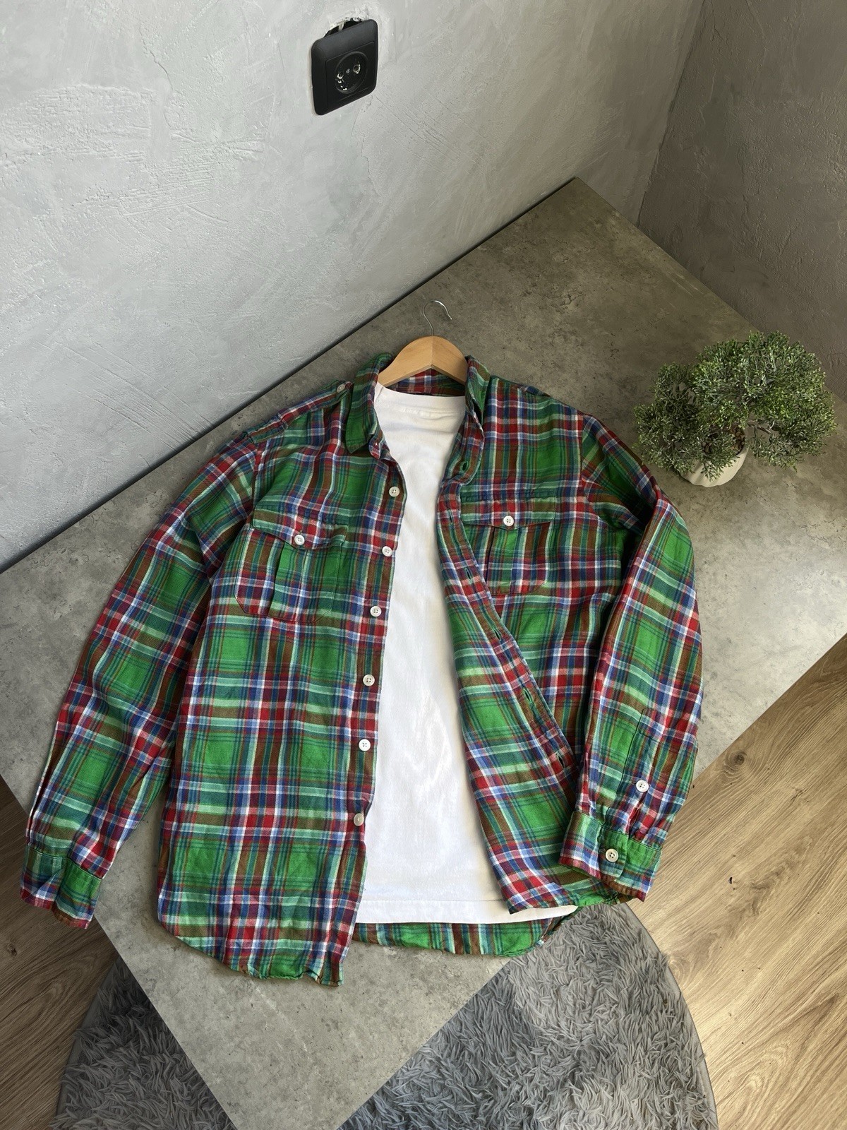 Polo Ralph Lauren Vintage Mens Flannel Linen Silk Shirt Green Plaid Size L PRL