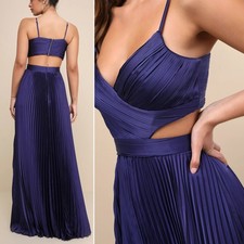 New Lulus Got the Glam Navy Blue Pleated Satin Cutout Maxi Dress Medium