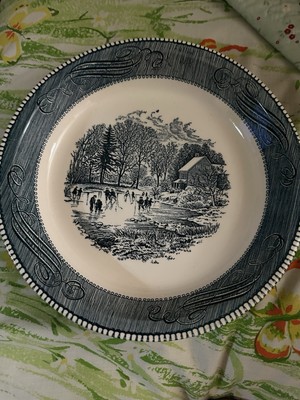 Vintage Blue Royal China Currier & Ives A Snowy Morning Pie Baking Plate10 