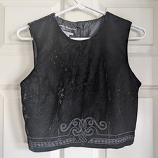 Vintage black crushed velvet whimsigoth cropped vest ornate medieval pattern