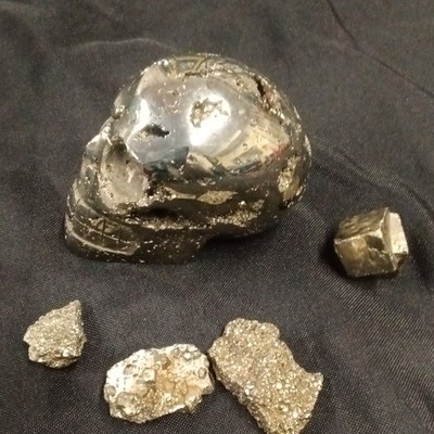 Solid Pyrite  Metal Skull Mineral Specimen  4 Piece, Chunks & Cube  1 lb 1oz