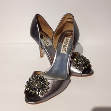 7 M - Badgley Mischka Silver Crystal Rhinestone Peep Top Leather Heels Shoes