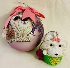 Lot of 2 White Dog Ornaments Detailed Bichon Frise Fluffy Little Dogs