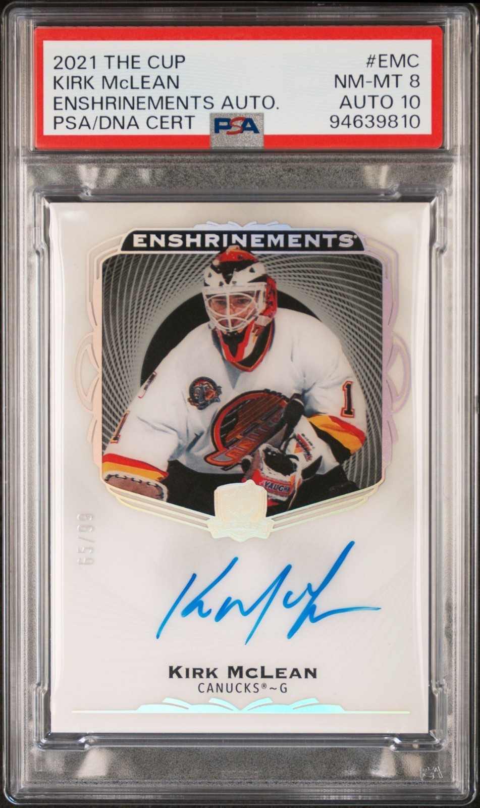 2021-22 Upper Deck The Cup Kirk McLean Enshrinements Auto /99 PSA 8 Auto 10