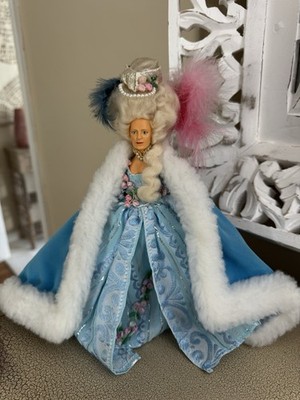 Vintage Victorian Marie Antoinette Lady Doll 10  Blue Dress Faux Fur Cape