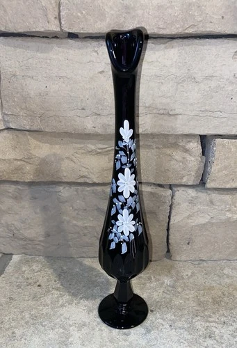 Fenton Swung Vase Art Glass Black White Gray Floral Painted Signed Nancy Gribble