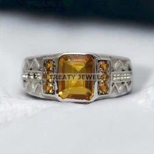 Citrine Emerald Cut Gemstone With 925 Sterling Silver Ring For Men's #464 *