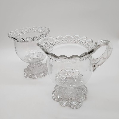 Antique Belmont Glass Works Globe and Star Etched Footed Creamer & Open Sugar