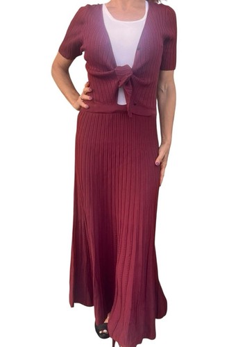 Maxi Vestido Sandro Borgoña Punto Perforado Nudo Midi Manga Corta Cuello en V 42 6 - Imagen 6 de 20