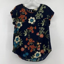 Lily White Womens Pullower Navy Blue Floral Top Blouse Size Medium
