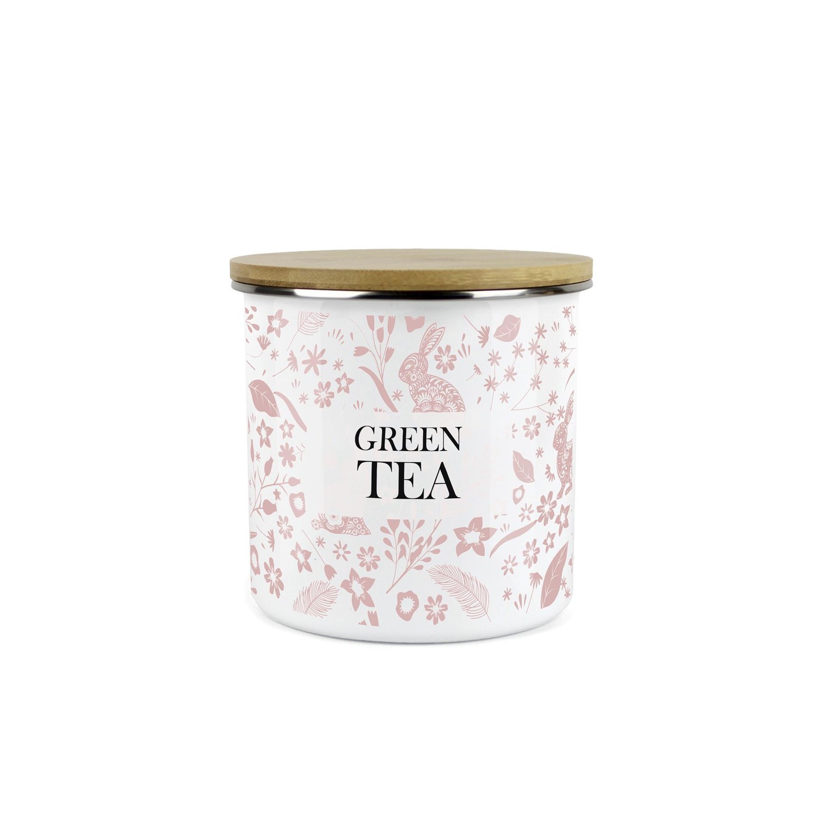 Pink Rabbits Green Tea Canister - Floral Enamel Kitchen Storage Jar Gift