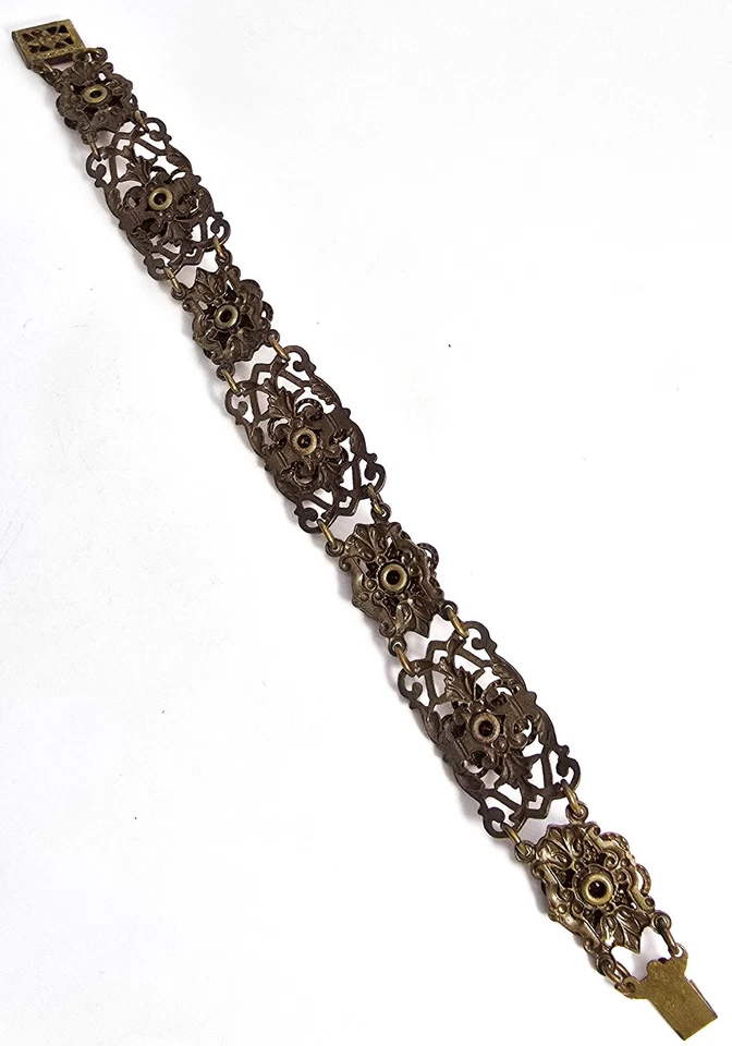 Pulsera de diamantes de imitación de latón vintage de mediados de siglo con flores de diamantes de imitación negros Foto 4 de 4