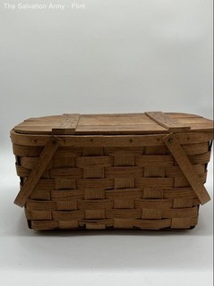 Brown Wood Woven Handles Rectangular Home Décor Storage Hanging Basket With Lid