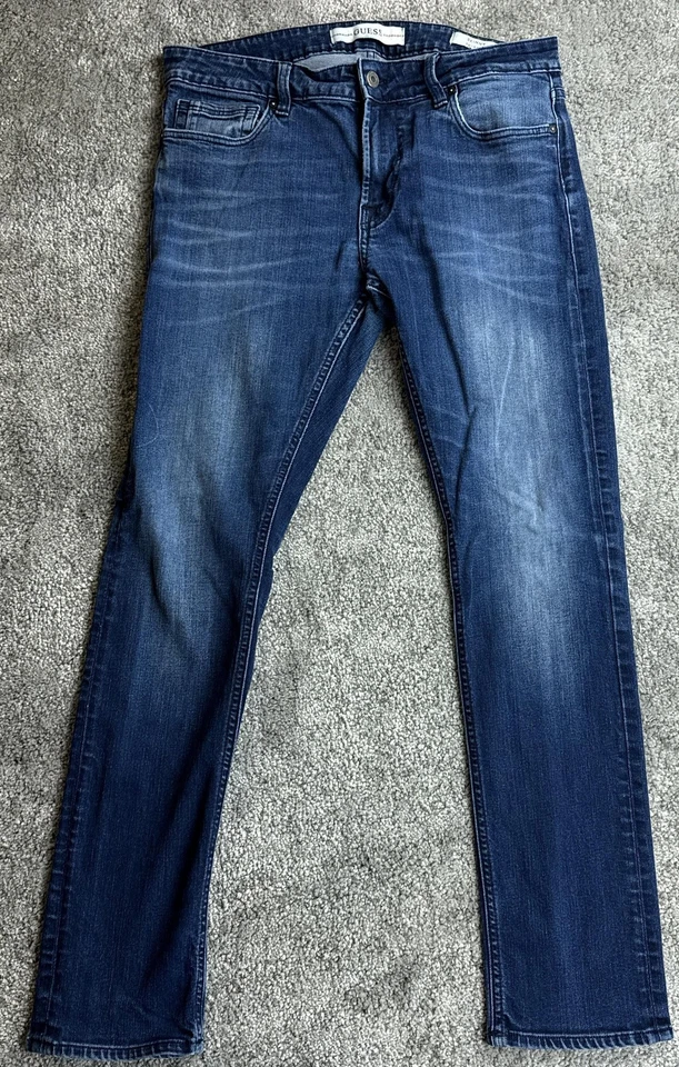 Jeans Guess Para Hombres 34 Azul Calce Ajustado Elastizado Denim Lavado Medio Diseñador Informal Foto 4 de 4