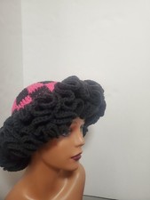 Crochet Checkered Ruffle Hat Handmade One Size Pink And Black