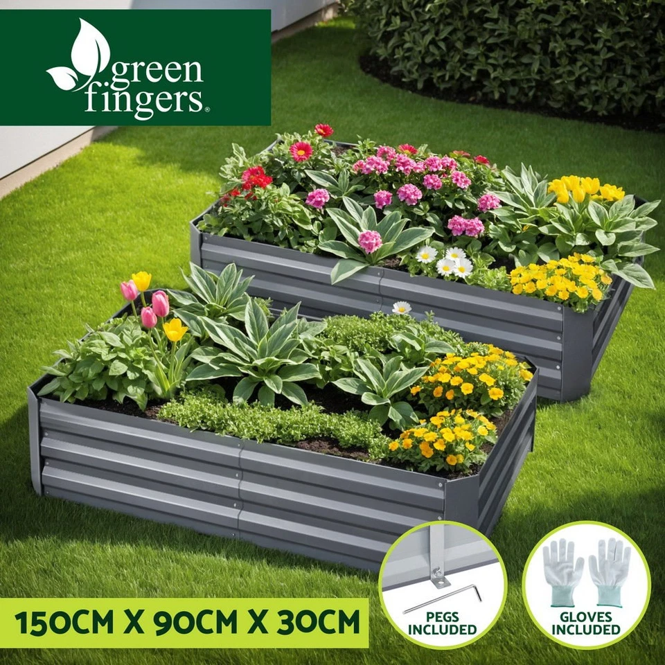 Green Fingers 2x Garden Bed 150x90cm Planter Box Raised Container Galvanise Herb