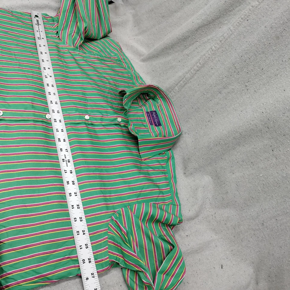 Ralph Lauren 紫色标签纽扣衬衫男式 17.5 绿色粉色条纹意大利 — 第 3/4 张图片