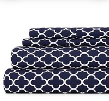 Full Navy Quatrefoil 4 Piece Sheet Set Microfiber Hypoallergenic New