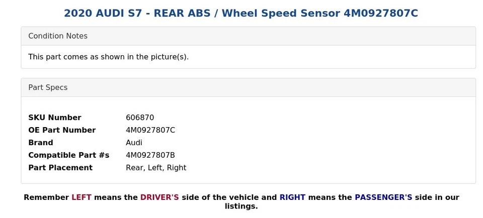 AUDI S7 2020 - ABS TRASERO/Sensor de velocidad de rueda 4M0927807C Foto 4 de 4