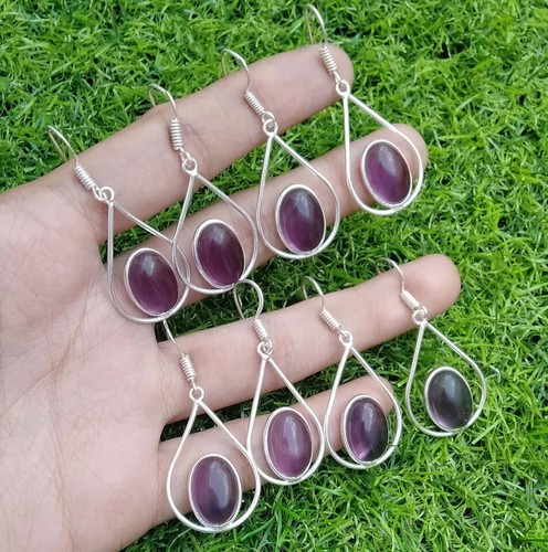 Pendientes de piedras preciosas de amatista, pendientes ovalados de plata de ley 925, lote de pendientes boho~ - Imagen 2 de 3