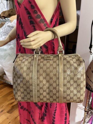 Gucci Joy Boston Hand bag Coated leather Canvas Medium Gold Brown With Duster - Picture 3 of 24