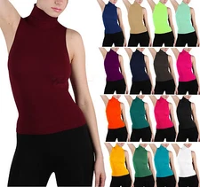 Soft Sexy Seamless Ribbed Sleeveless Mock Neck Turtleneck Shaping Tank Top Shirt