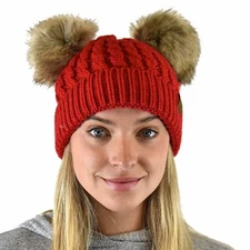 C.C 2 Ear Double Pom Pom Cable Knit Soft Stretch Cuff Skully Beanie Hat