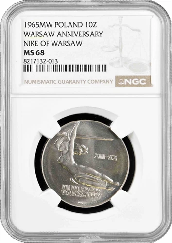 Poland 10 zlotych 1965 MW, NGC MS68, "700th Anniv. - Warsaw, Nike" Top Pop 1/0