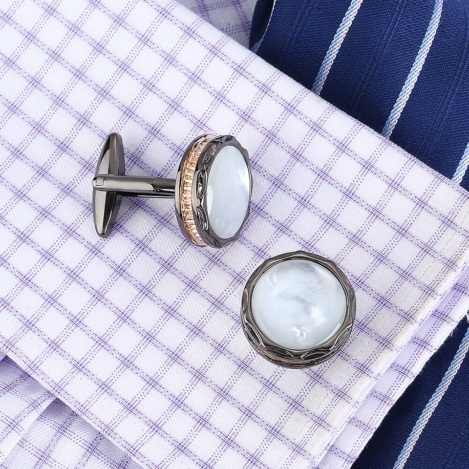 Natural Shell Cufflinks French Cufflinks Wedding Cufflinks Round Black Cufflinks - Image 3 of 4