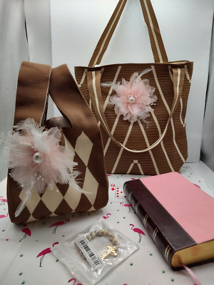 Purse Handbag Tote Taupe Chevron Argyle Set Large & Mini Mommy & Me Set 9-d