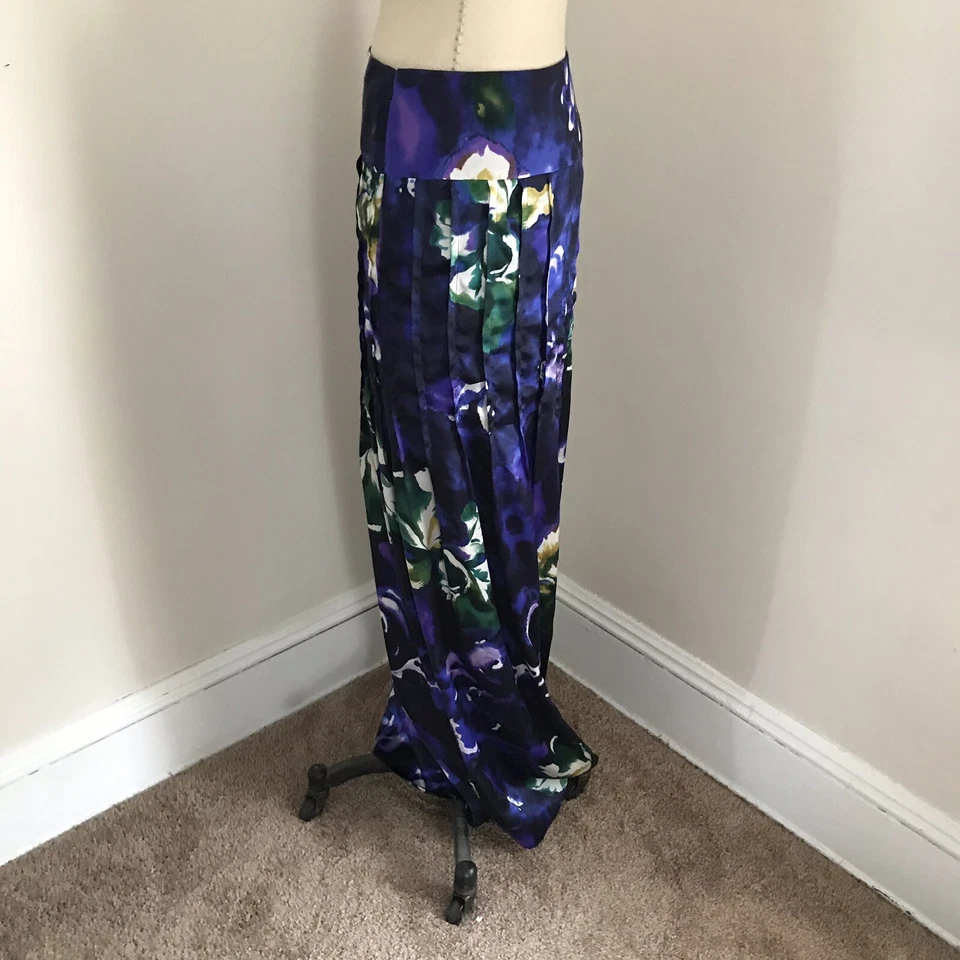 Maxi Falda Tuleh Floral Larga Plisada Recta Púrpura Azul Verde 100% Seda 4 Foto 3 de 4