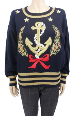 VINTAGE ESCADA WOMENS SWEATER Cotton Nautical Motif Embroidered Black Gold 36 M