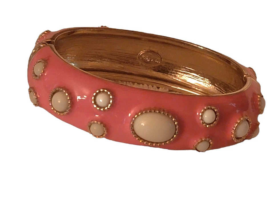 Brazalete Brazalete FORNASH Esmalte Salmón Bisagras Blanco Cabachón Piedras Redondas Foto 2 de 4