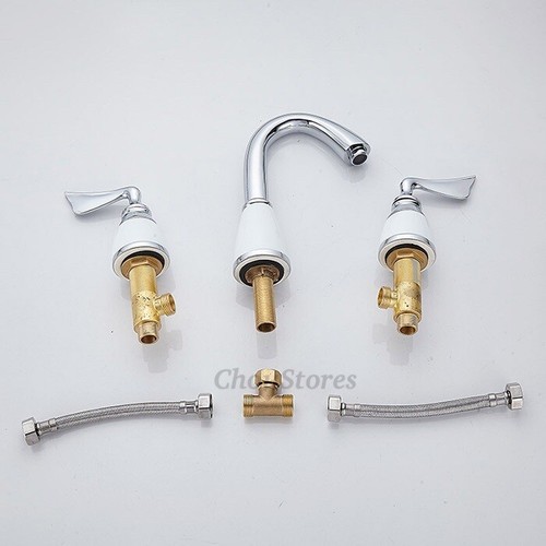 Rubinetto diffuso 3 fori miscelatore acqua vanità rubinetto doppia maniglia ceramica bianca - Foto 2 di 3