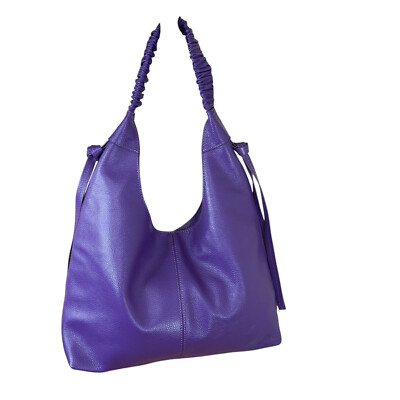 Laggo Bella Purple Leather Hobo Shoulder Bag Rouched Handle Brainding Details
